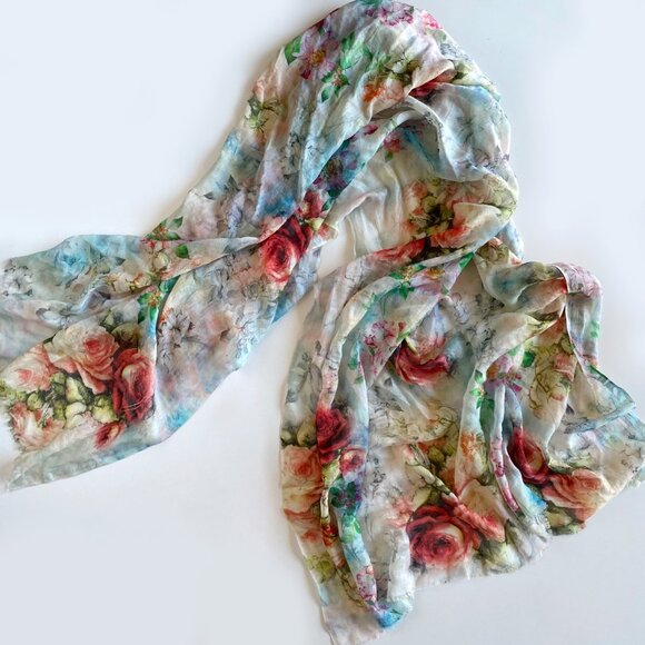 Flower Print Large Cotton Linen Blend Shawl Scarf Wraps 40"x69" - Picture 4 of 11